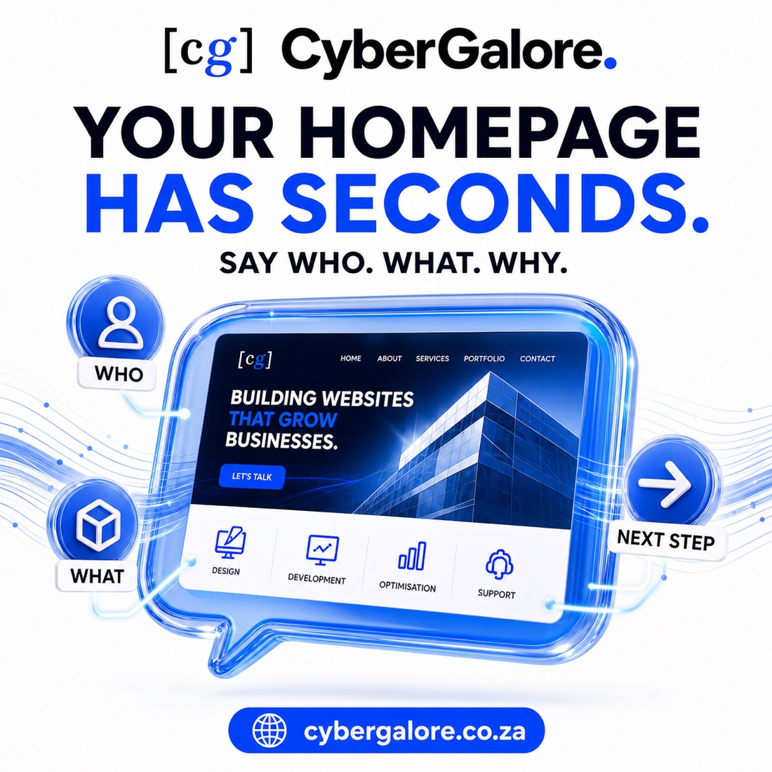 Your homepage has seconds — say who you are, what you do and why it matters.